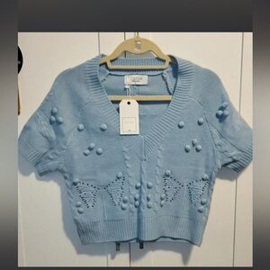CISTAR NEW YORK Light Blue V-Neck Short Sleeve Knit Sweater NWT
